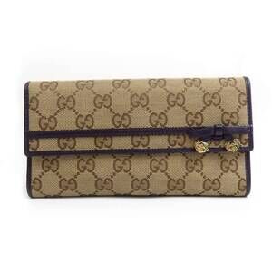 Gucci Ribbon Heart Long Wallet GG Leather Beige Purple